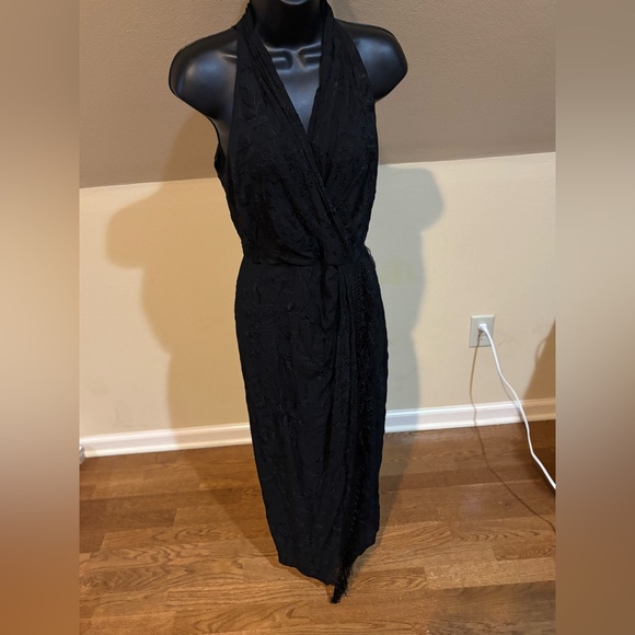 Carmen Marc Valvo Dresses & Skirts - Vintage Carmen Marc Valvo Silk Black Backless Embroidered Fringe Dress Gown Sz 6